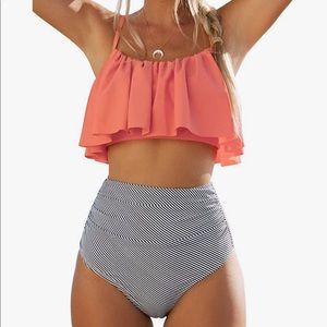 CUPSHE High Waisted Falbala Bikini Orange Stripe M